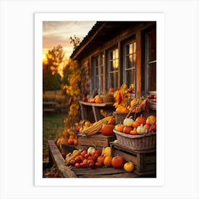 An Inviting Rustic Farm With Vegetables Like Corn Pumpkins Squash Elegantly Arranged In A Wooden B (1) Art Print