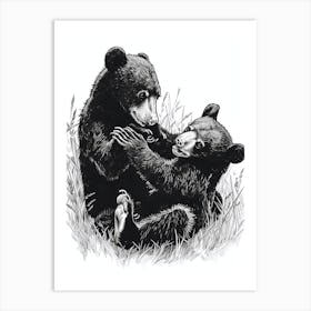 Malayan Sun Bear Playing Together In A Meadow Ink Illustration 4 Art Print