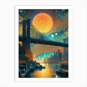 Brooklyn Bridge - Iconic New York Trippy Abstract Cityscape Iconic Wall Decor Visionary Psychedelic Fractals Fantasy Art Cool Full Moon Third Eye Space Sci-fi Awesome Futuristic Ancient Paintings For Your Home Gift For Him Art Print