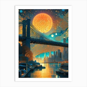 Brooklyn Bridge - Iconic New York Trippy Abstract Cityscape Iconic Wall Decor Visionary Psychedelic Fractals Fantasy Art Cool Full Moon Third Eye Space Sci-fi Awesome Futuristic Ancient Paintings For Your Home Gift For Him Poster