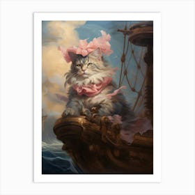 Cat On Medieval Boat Rococo Style 2 Art Print