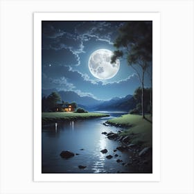 Full Moon Over Lake Art Print