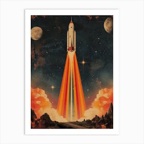 Space Odyssey: Retro Poster featuring Asteroids, Rockets, and Astronauts: Space Shuttle Launch Canvas Print 1 Art Print