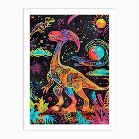 Colourful Dinosaur Neon Line Illustration 1 Art Print