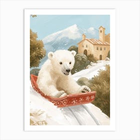 Polar Bear Cub Sledding Down A Snowy Hill Storybook Illustration 3 Art Print