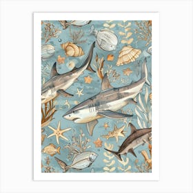 Pastel Blue Isistius Genus Shark Illustration Art Print