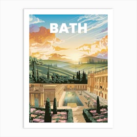 Anime Canvas Art: Charming Bath Scene with Roman Baths and Georgian Architecture Surrounded by Blooming Gardens, Ideal for Lofi and Historic Art Fans. Art Print