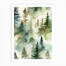 Appalachian Mountains of Misty Pines Watercolor Print of Evergreen Forest..142 Art Print