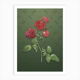 Vintage Red Cabbage Rose in Bloom Botanical on Lunar Green Pattern n.2392 Art Print