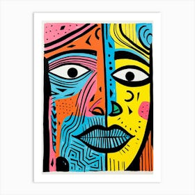 Colourful Linocut Inspired Face Illustration 3 Art Print