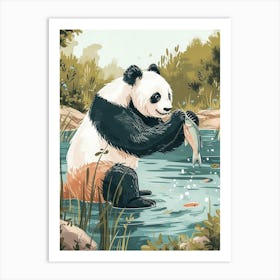 Giant Panda Catching Fish In A Tranquil Lake Storybook Illustration 4 Art Print
