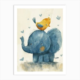 Small Joyful Elephant With A Bird On Its Head 19 Art Print