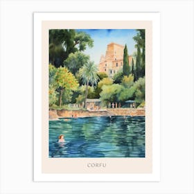 Swimming In Corfu Greece Watercolour Poster Art Print