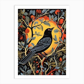 Birds And Branches Linocut Style 9 Art Print