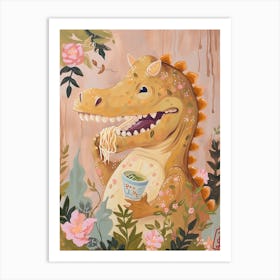 Dinosaur Eating Noodles Pastel Art Print