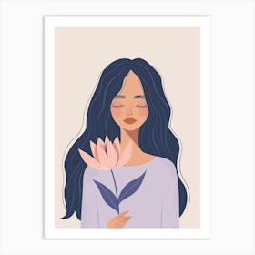 Illustration Of A Girl Holding A Flower Art Print