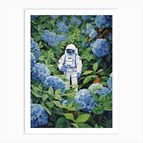 Astronaut Surrounded By Royal Blue Hydrangea Flower 3 Art Print