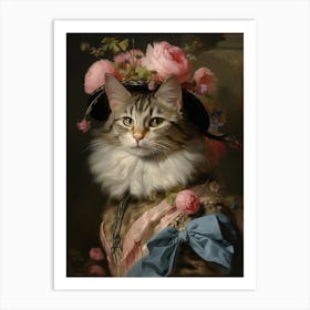 Blue & Pink Rococo Style Painting Of A Cat 2 Art Print