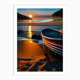 Sun Set Beach - Boat At Sunset Art Print