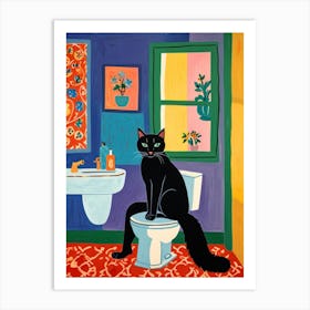 Black Cat In Bathroom Art Print