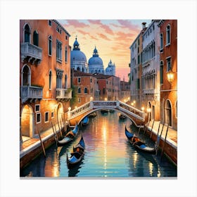 Venice At Sunset With Gondolas, Watercolor Painting Art Canvas Print