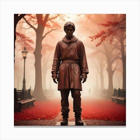 Statue Of A Man In A Modern Outfit In A Foggy Red Park Canvas Print