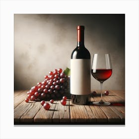 Wine Bottle, glass of red wine And Grapes On Wooden Background 3 Canvas Print