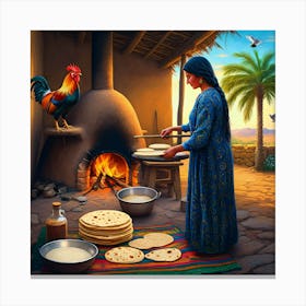 A Woman Makes Flatbread Near A Clay Oven, With A Rooster Perched On Top Canvas Print