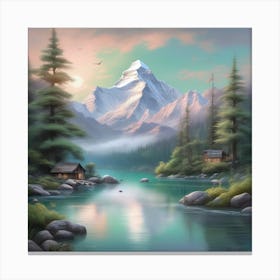 Mountain Lake in the Spirit of Bob Ross Soft Expressions Landscape Canvas Print