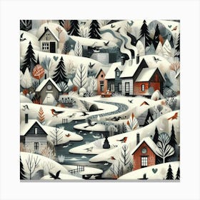 Winter Village, Snowy Trees And River Canvas Print