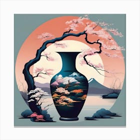 Flower Vase Decorated with Japanese Landscape, Deep Blue, Turquoise and Coral Canvas Print