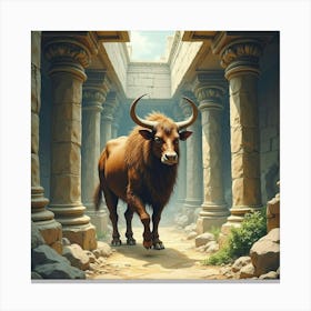 Watercolor The Minotaur In A Labyrinthine, Ancient Scene 1 Canvas Print