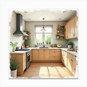 Charming Kitchen Watercolor, Modern And Warm Design 1 Canvas Print