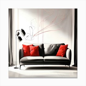 Modern Living Room with Red Pillows Minimalist Abstract Sofa Art Red & Black Wall Decor Canvas Print