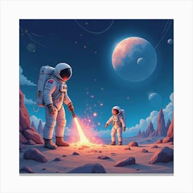 Watercolor Astronauts Collecting Glowing Cosmic Rocks On An Alien Moon 1 Canvas Print