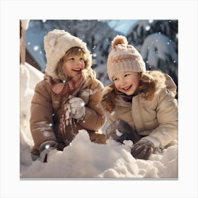 Two Girls Playing In The Snow Canvas Print