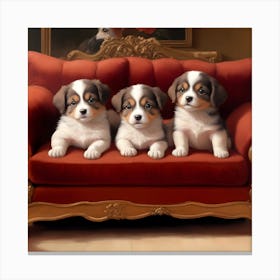 Three Puppies On A Red Couch Canvas Print