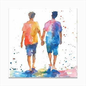 Two Men Holding Hands - Gay Love Rainbow Watercolor Canvas Print