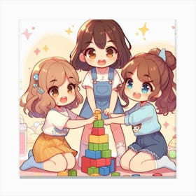 Three Cute Girls Playing With Blocks Canvas Print