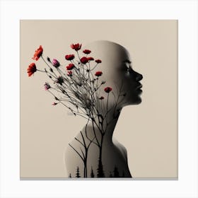  Silhouette of a bald girl with wild flower. Canvas Print
