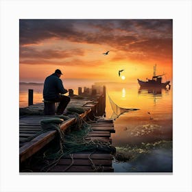 Sea Fisherman Mending Nets On A Rustic Wooden Dock At Dawn Mist Rolling Over Calm Waters Silhouett 537540339 (2) Canvas Print