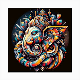 "Abstract Aum: Ganesha's Cosmic Dance" - This piece presents Lord Ganesha in an intricate abstract style, blending traditional iconography with futuristic geometry. The deity is at the center of a cosmic dance, surrounded by shapes and symbols that represent the vibrancy of the universe. The use of bold, electric colors against the dark background makes Ganesha's form pop, symbolizing his divine light amidst the chaos of the cosmos. This artwork is a perfect blend of spirituality and modern design, ideal for adding a striking and thought-provoking presence to any contemporary space. Canvas Print