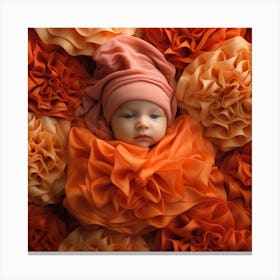 Newborn Baby In Orange Flowers Canvas Print