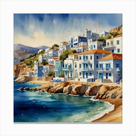 Blue Houses By The Sea.Summer on a Greek island. Sea. Sand beach. White houses. Blue roofs. The beauty of the place. Watercolor. Canvas Print