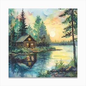 The Little Summer Cabin by the Lake | Idyllic Watercolor Painting | Slow Living Home Sweet Home Dreamy Nostalgic Canvas Print