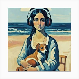 Woman With Headphones And A Dog Canvas Print