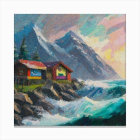 Acrylic and impasto pattern, mountain village, sea waves, log cabin, high definition, detailed geometric 6 Canvas Print