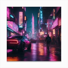 Cyberpunk Street Scene" - A cyberpunk-inspired street scene filled with neon lights, futuristic vehicles, and cyber-enhanced characters Canvas Print