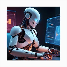 A White Robot With Blue Eyes Sitting At A Computer Desk, Typing On A Keyboard Canvas Print