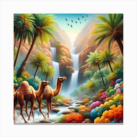 Camels By The Waterfall Canvas Print